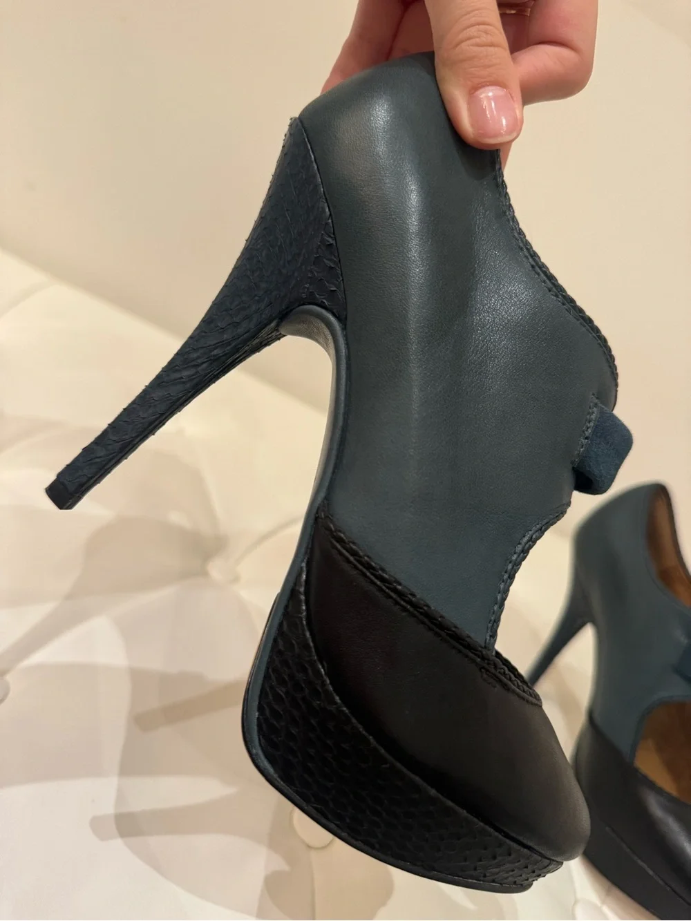 Ella Moss Two-Tone Black and Dark Teal Platform Mary Jane Pumps